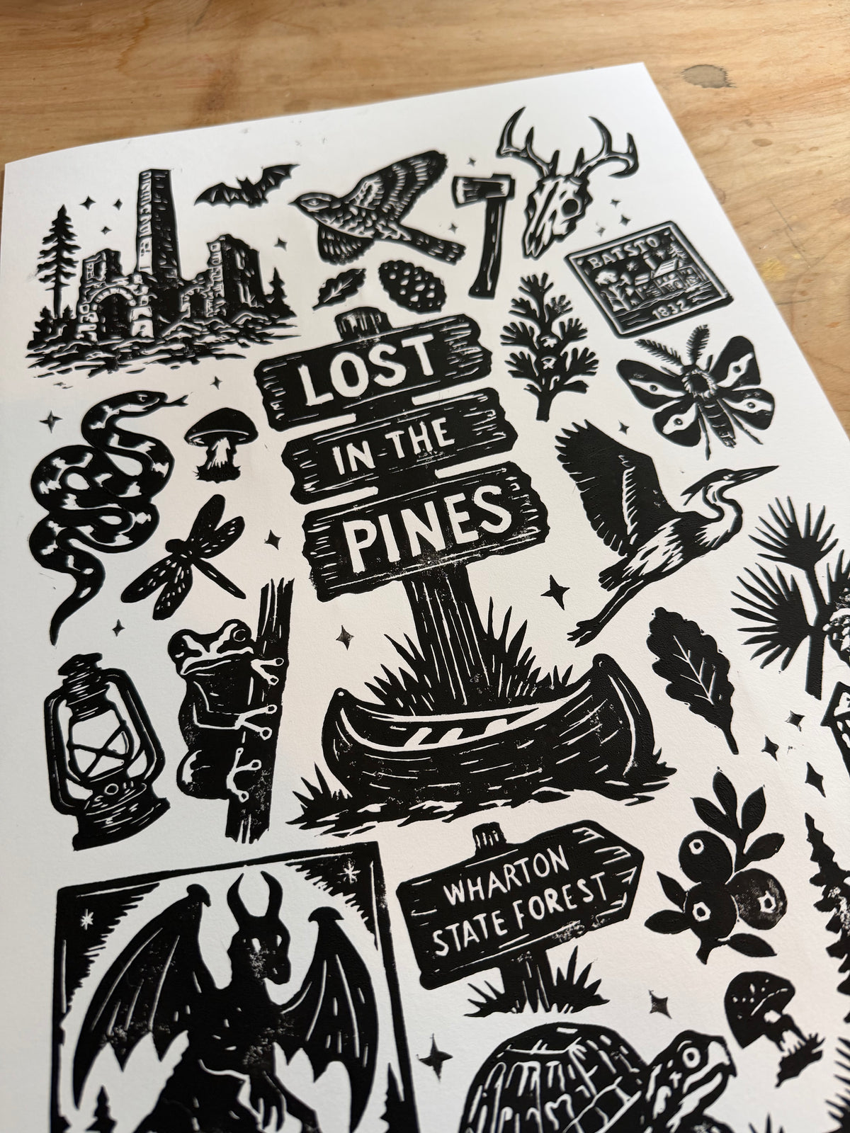 Lost in the Pines: The Complete Collection — 12×18 Hand-Pulled Block Print