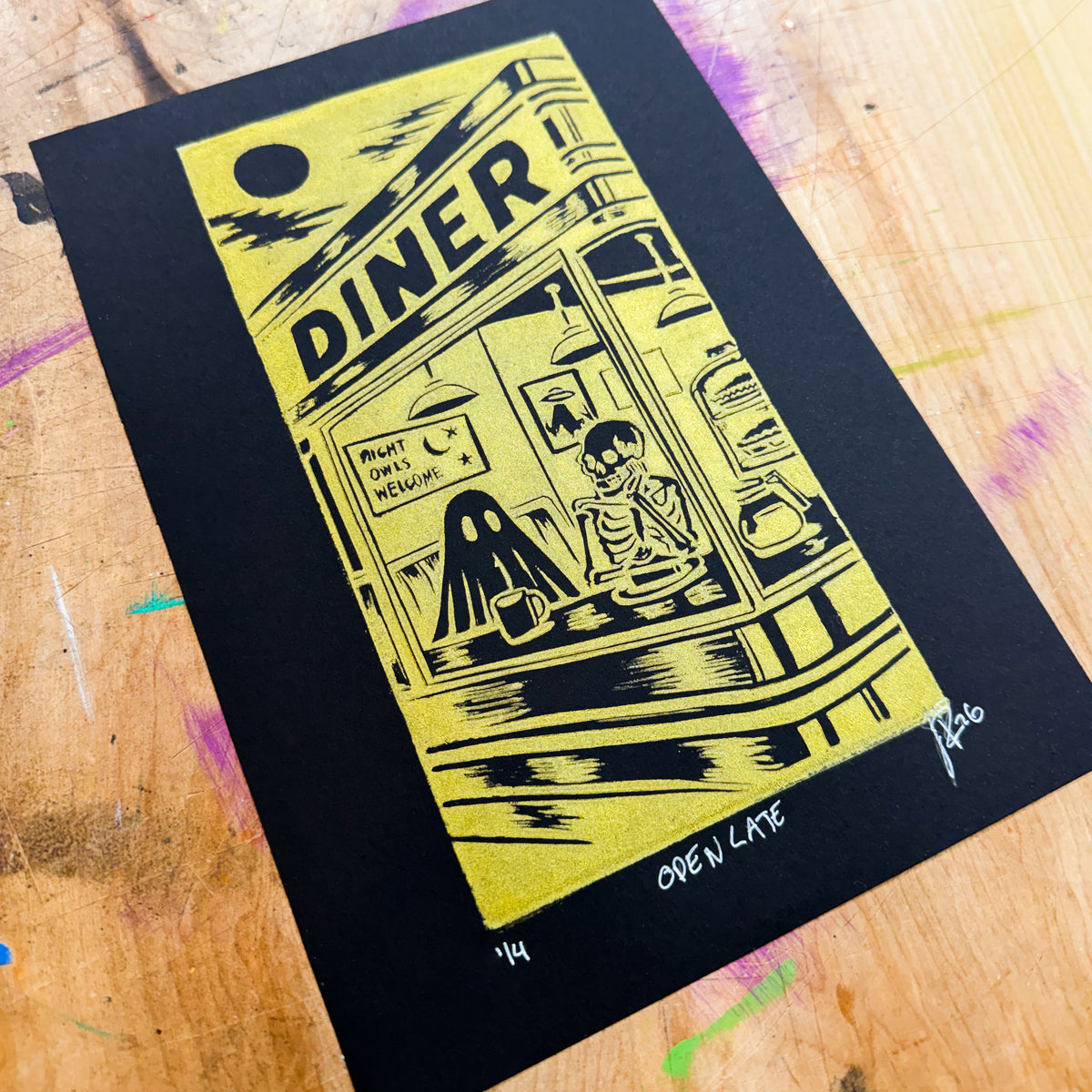 Open Late – Hand-Pulled Linocut Print | Past Closing