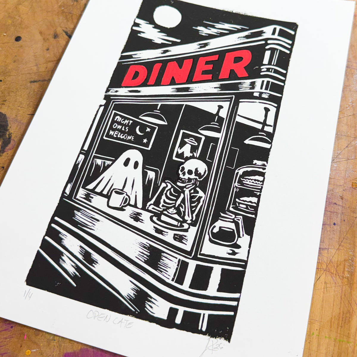 Open Late – Hand-Pulled Linocut Print | Past Closing