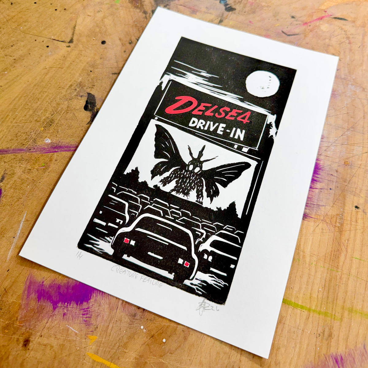 Creature Feature – Hand-Pulled Linocut Print | Past Closing