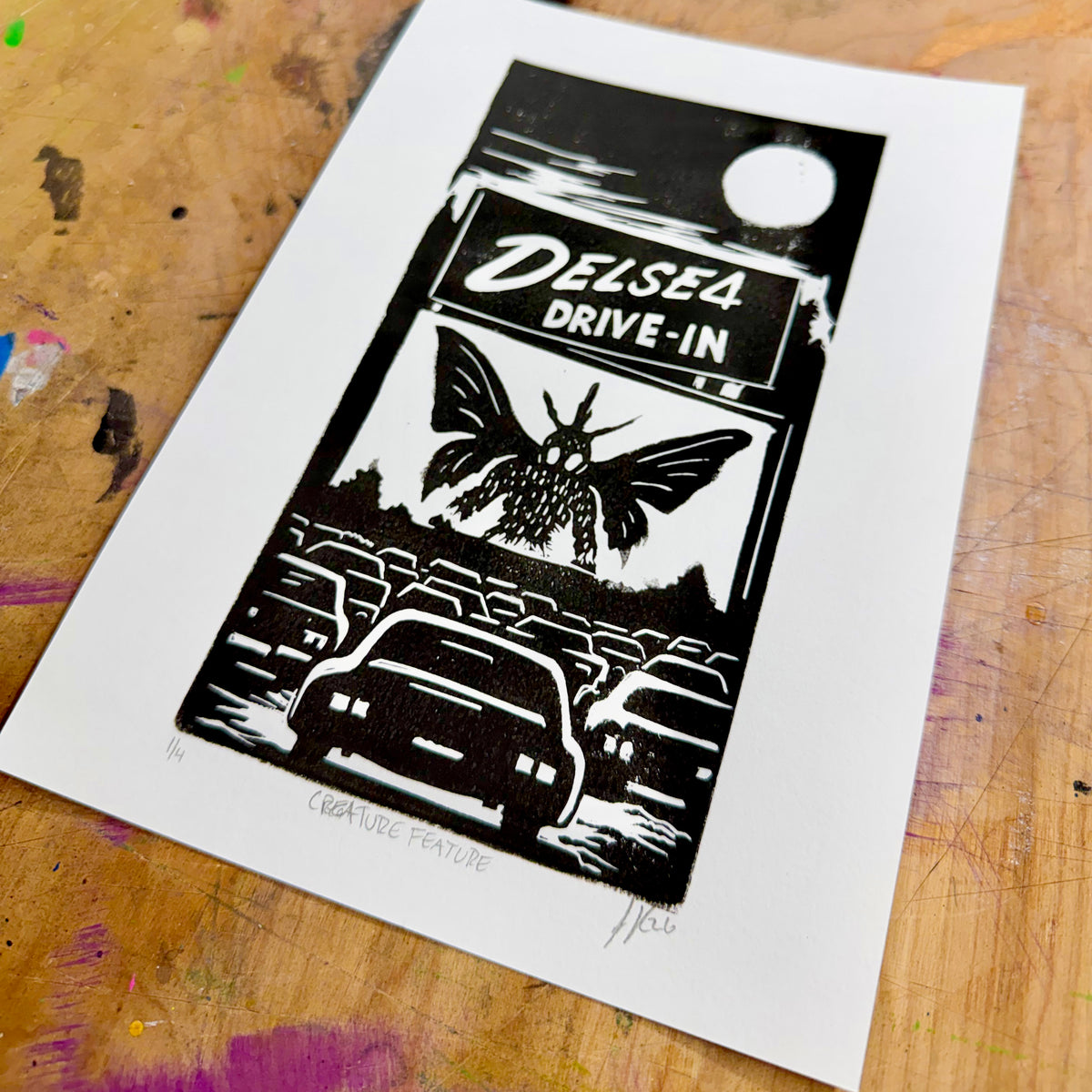 Creature Feature – Hand-Pulled Linocut Print | Past Closing