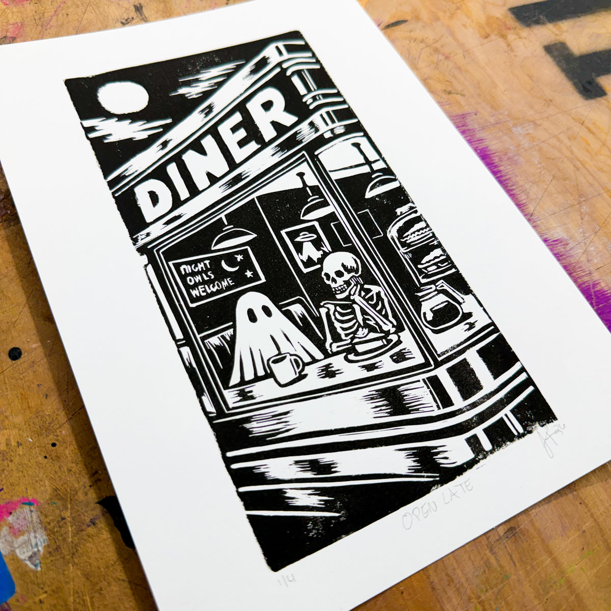 Open Late – Hand-Pulled Linocut Print | Past Closing