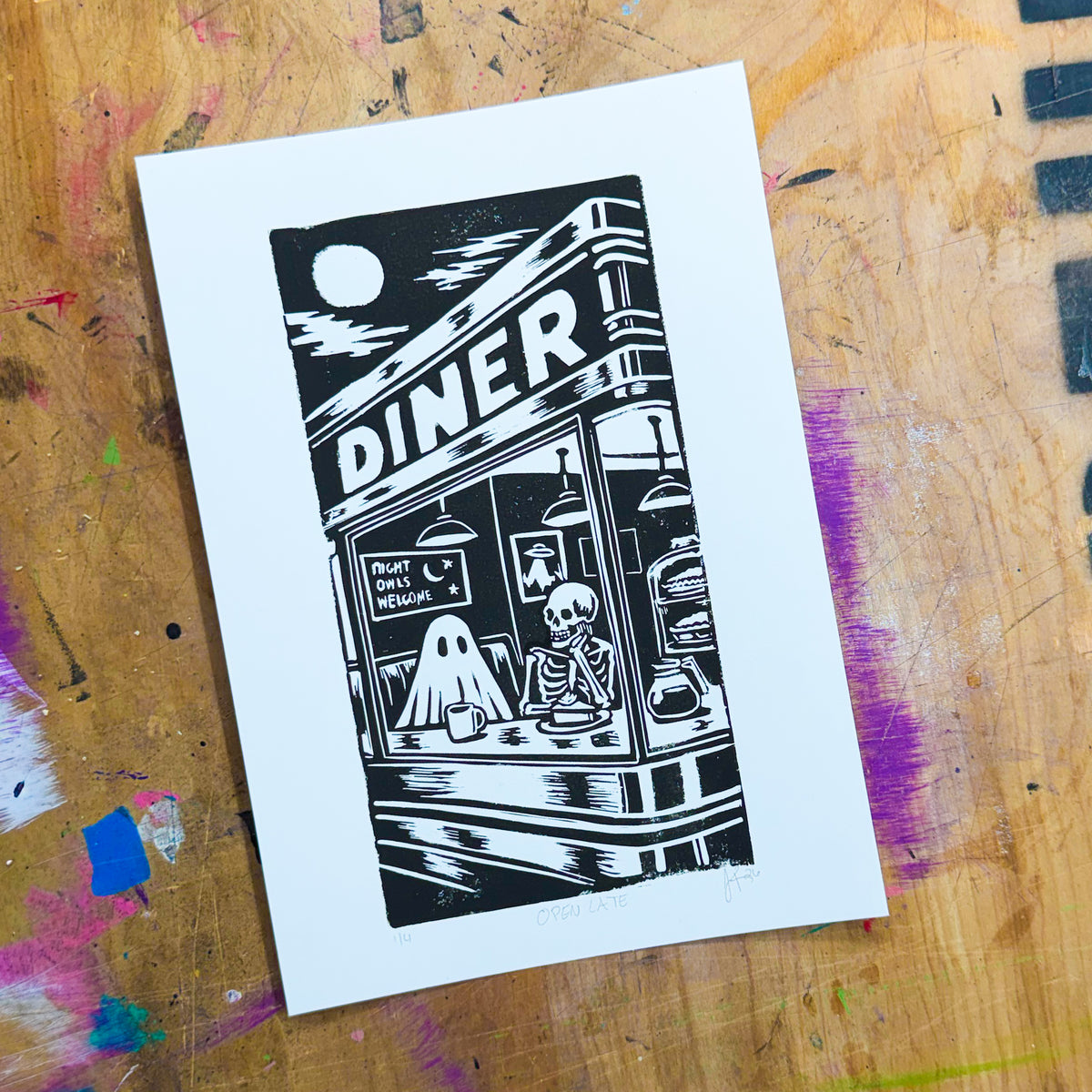 Open Late – Hand-Pulled Linocut Print | Past Closing