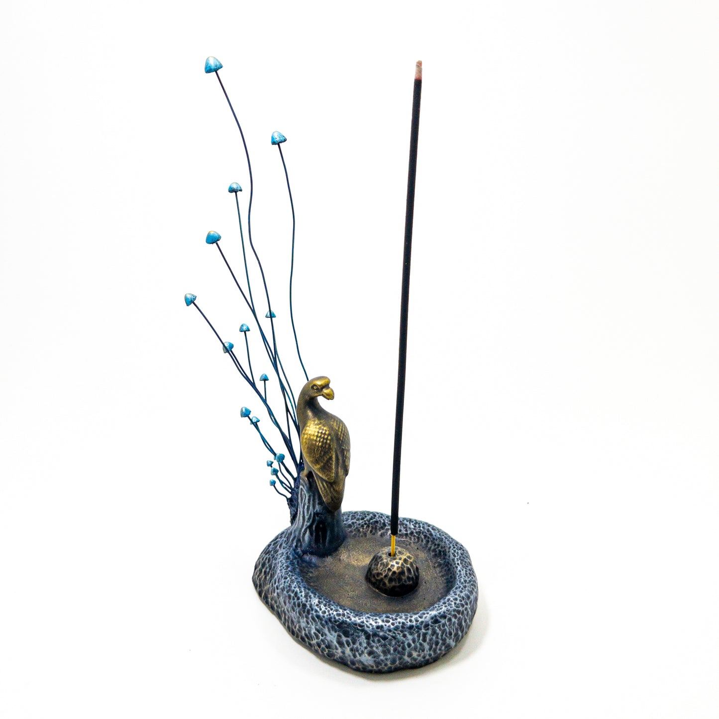 Hand-sculpted incense burner with teal mushroom cluster and incense socket.