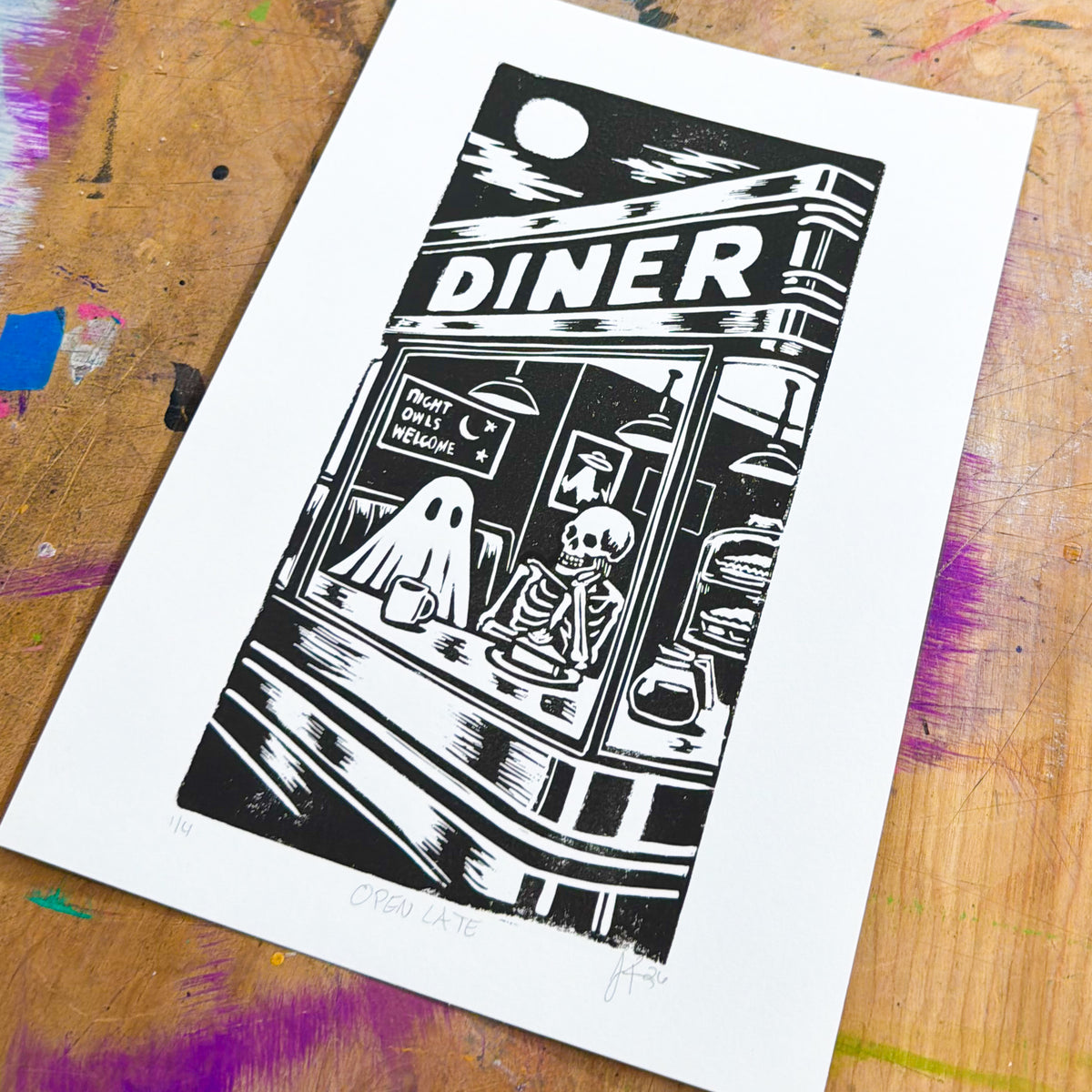 Open Late – Hand-Pulled Linocut Print | Past Closing