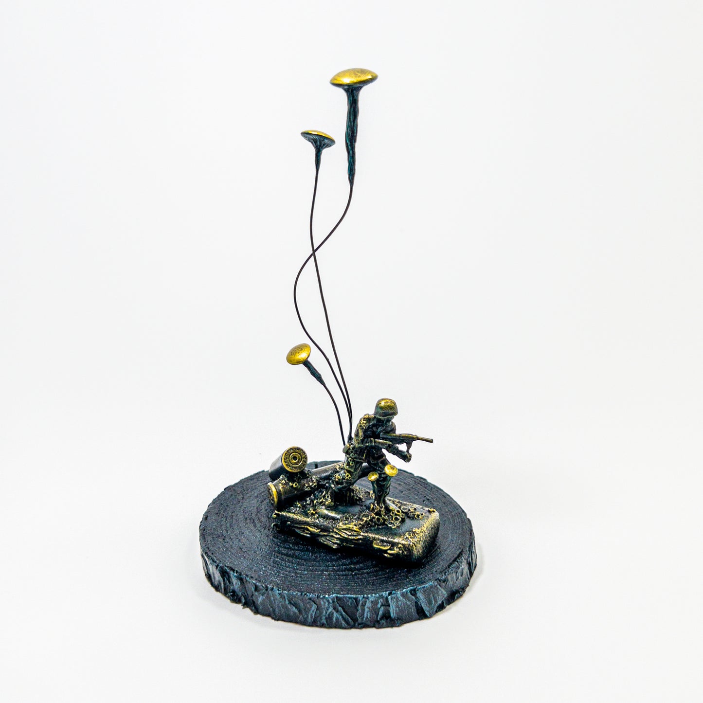 Vintage green army man overtaken by towering fungi