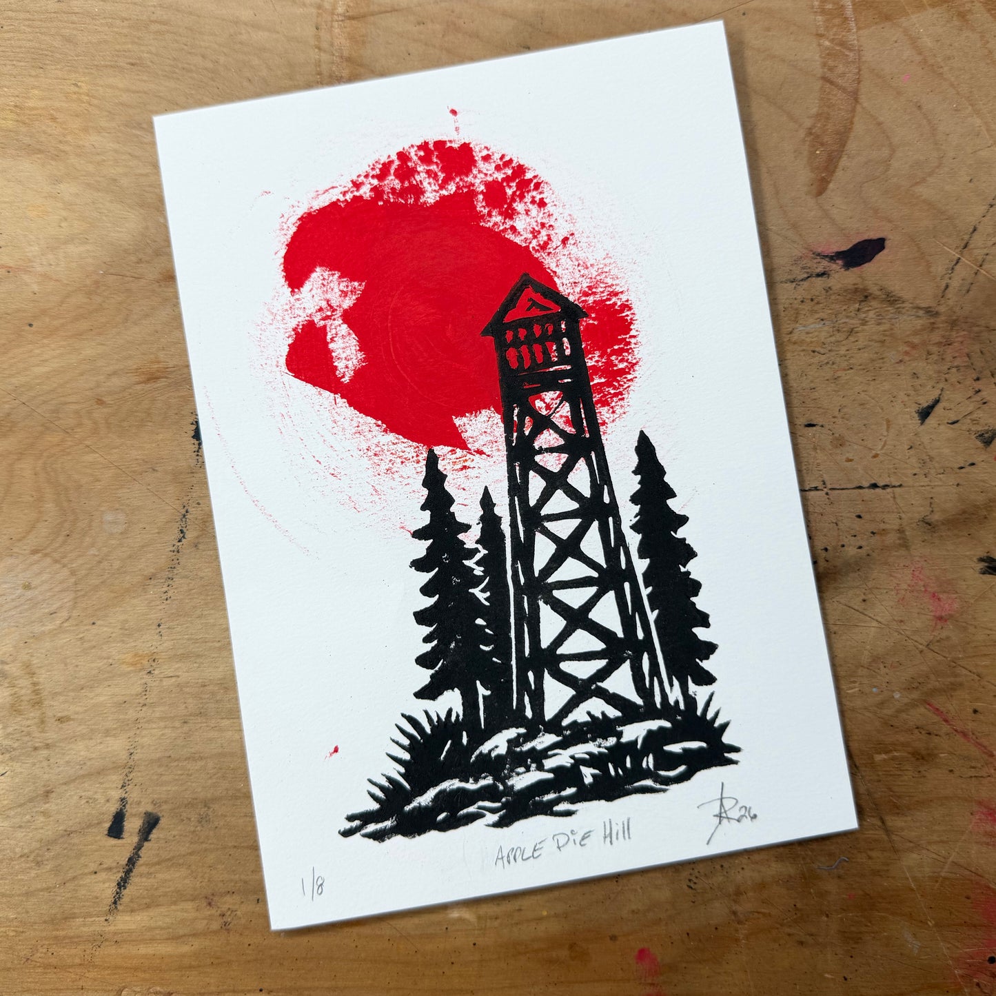 Apple Pie Hill Fire Tower — Hand-Pulled Linocut Print