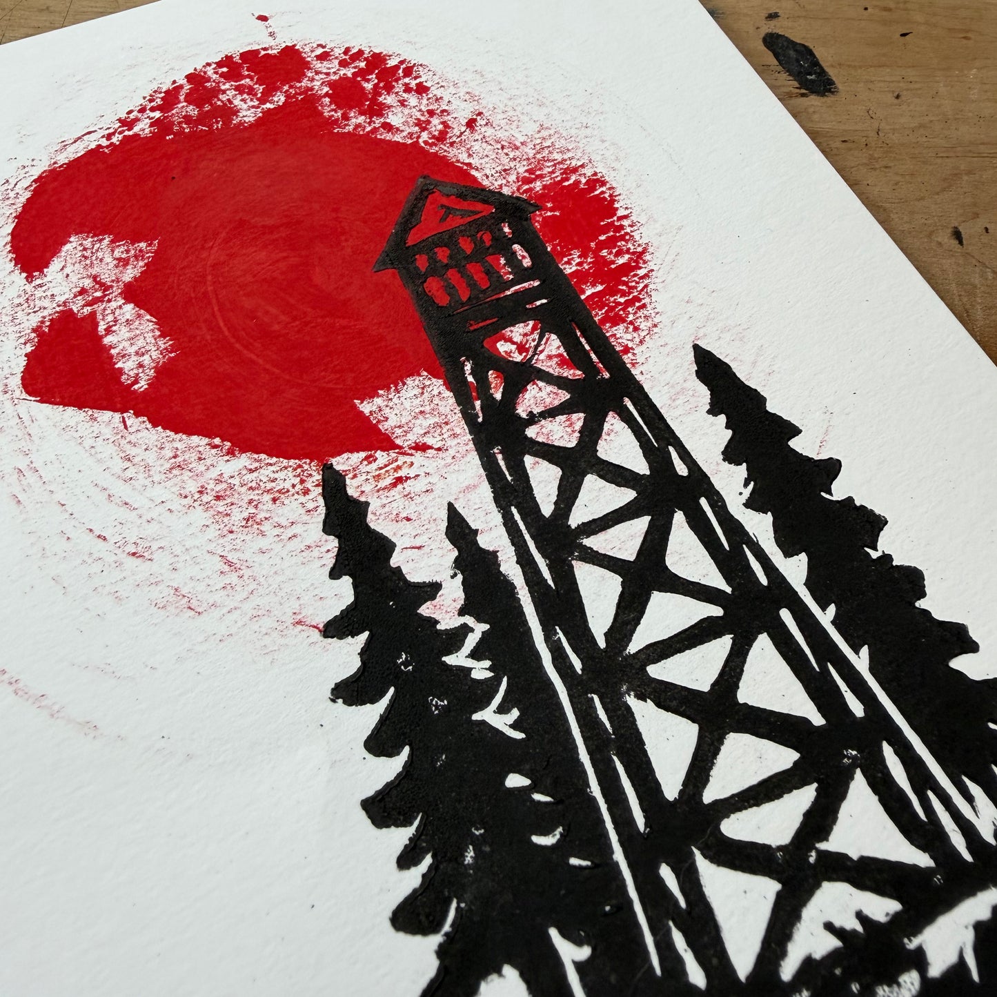 Apple Pie Hill Fire Tower — Hand-Pulled Linocut Print