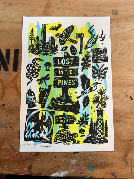 Lost in the Pines: The Complete Collection — 12×18 Hand-Pulled Block Print