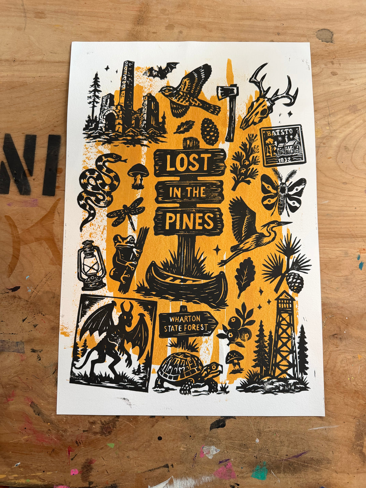 Lost in the Pines: The Complete Collection — 12×18 Hand-Pulled Block Print