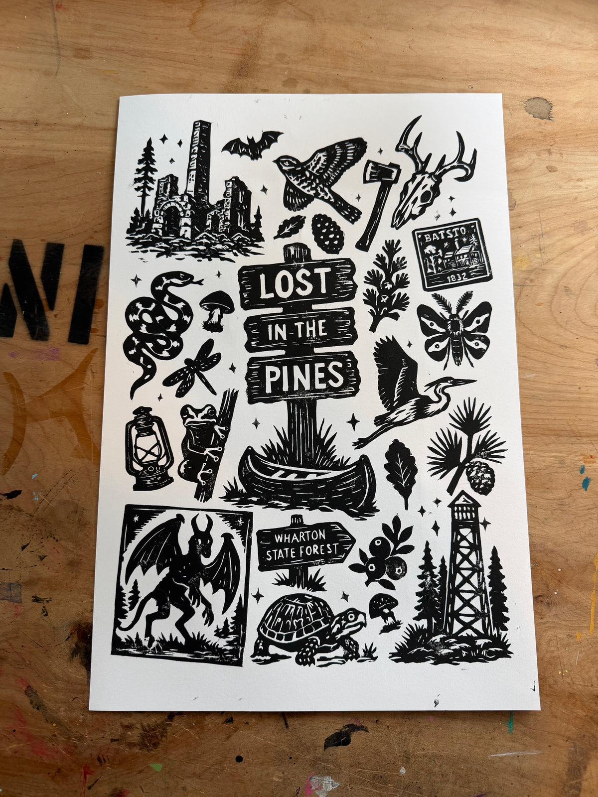 Lost in the Pines: The Complete Collection — 12×18 Hand-Pulled Block Print