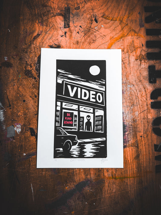 Last Rental – Hand-Pulled Linocut Print | Past Closing