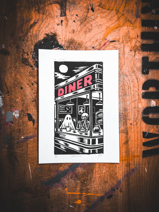 Open Late – Hand-Pulled Linocut Print | Past Closing